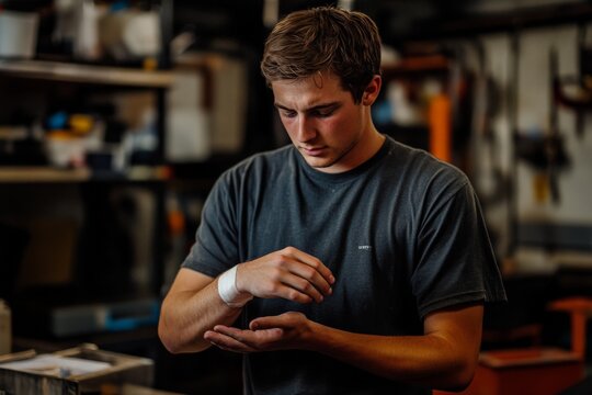 A young man, earnestly attending to a wrist injury amidst an active workshop environment, embodies resilience, self-care, and the ethos of perseverance and recovery.