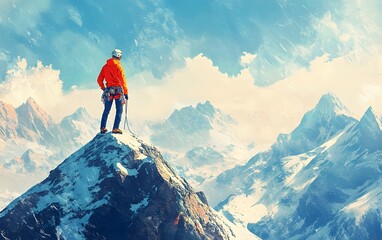 A climber stands triumphantly atop a snowy peak, overlooking breathtaking mountain scenery under a vibrant sky.