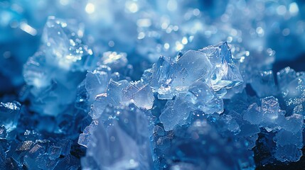 Obraz premium A macro photograph capturing the intricate details of ice crystals and water droplets shimmering in a cool blue light.
