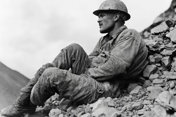A gritty miner, covered in dirt, rests on rocks under an overcast sky, evoking a sense of fatigue and contemplation in a rugged landscape.