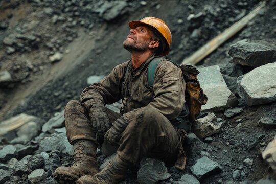 A modern miner in work attire and a helmet takes a moment of rest on grey rocky terrain, conveying both exhaustion and resilience after a laborious day.