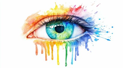 delicate watercolor rendering of an eye with colorful rainbow tears, on a bright white background, with gentle drips creating a beautiful effect. Vivid, artistic, expressive.