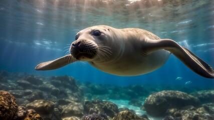 Fototapeta premium Vibrant Depths: A Monk Seal's Adventure with Turtles and Dolphins