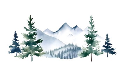 Fototapeta premium Traditional Chinese landscape watercolor with pine trees and mountain scenery, isolated on a white background. This elegant clipart piece captures the essence of Chinese ink painting