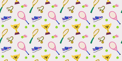 Tennis seamless pattern, cartoon elements. Ball, rackets, sneakers and cup. Sports equipment. Decor textile, wrapping paper, wallpaper design. Print for fabric. Vector isolated colorful illustration