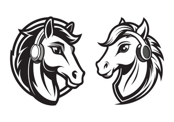 horse head silhouette, two mustang-horse-head-with-headphone vector.