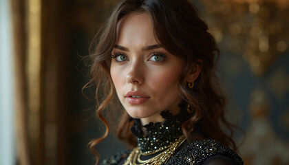 A portrait of a woman with long, wavy brown hair, wearing a black dress with beaded embellishments. She is looking at the camera with a serious expression.
