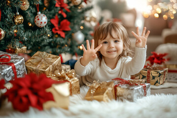 A joyful child smiling while surrounded by wrapped Christmas presents and a decorated tree in a...