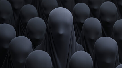 Obraz premium Crowd of faceless figures in black attire gathered in a dimly lit environment