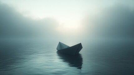 Obraz premium A solitary boat drifts in tranquil waters enveloped by mist on an early morning at dawn