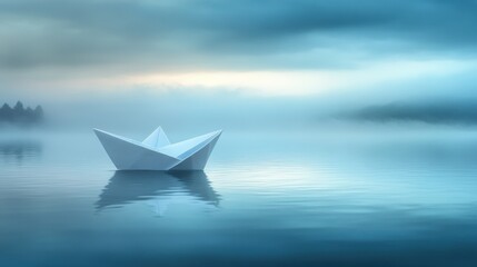 A delicate paper boat gliding across a serene mist-covered lake at dawn, capturing the tranquility of early morning moments