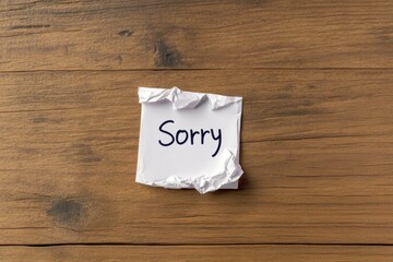 Crumpled Note with the Word "Sorry" on Wooden Background Represents Apologies and Sincere Regret in Modern Stock Photography