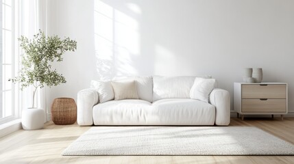 A clean white living room with a comfy sofa, a sleek drawer,