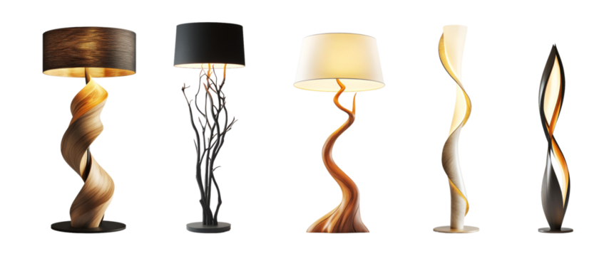 Elegant collection of modern floor lamps showcasing unique designs and styles on a transparent background