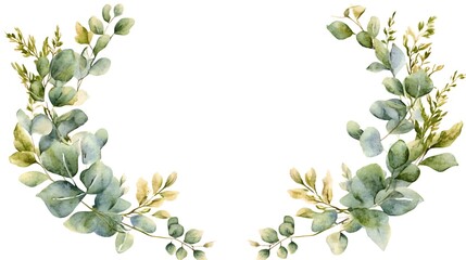 Fototapeta premium Minimalist watercolor eucalyptus wreath frame on a white background with soft, muted colors. This charming and simple design adds a natural and gentle touch to various projects, offering a cute style 
