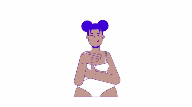 African american woman in brassier examining breast 2D character animation. Mastopathy early detection cartoon 4K video, alpha channel. Black female touching chest animated person on white background