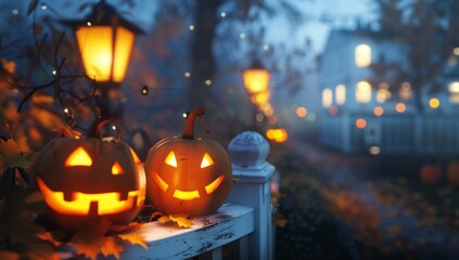 Spooky Halloween Jack-o'-Lanterns on a Foggy Night
