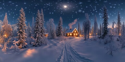 A cozy cabin in a snowy landscape, illuminated by warm lights, surrounded by tall evergreen trees and falling snowflakes under a starry night sky. - Powered by Adobe