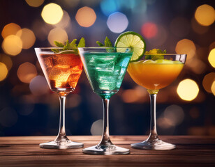 Three colorful cocktails with festive decorations, ready to celebrate the New Year