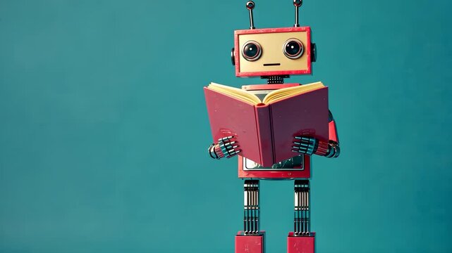 A red robot holds a book open in front of it against a teal background