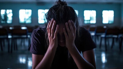 Stressed teacher with hands on face in an empty classroom, reflecting on the challenges of education.