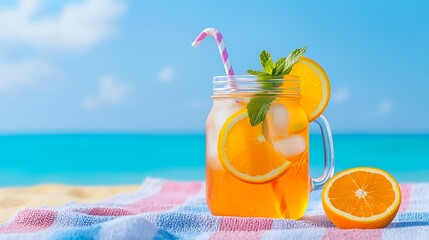 Obraz premium Iced orange drink in a mason jar with a straw, orange slices, and mint leaves on a beach towel with a blue sky and ocean in the background.