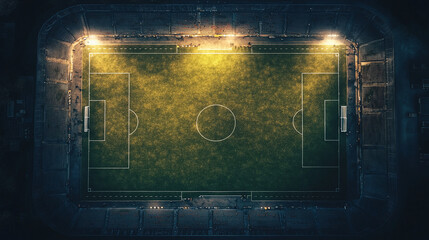 top view of huge football soccer stadium realistic green ground extreme wide shot 3d rendered photography real render composition 