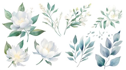 Elegant watercolor collection. This artistic, soft-textured clipart set on a white background offers a natural, muted color palette perfect for botanical designs