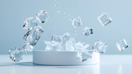 Flat podium with an ice cube falling down 