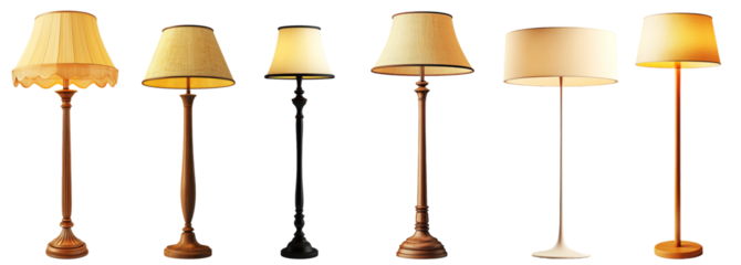 A diverse collection of stylish table and floor lamps showcasing various designs and materials against a transparent background