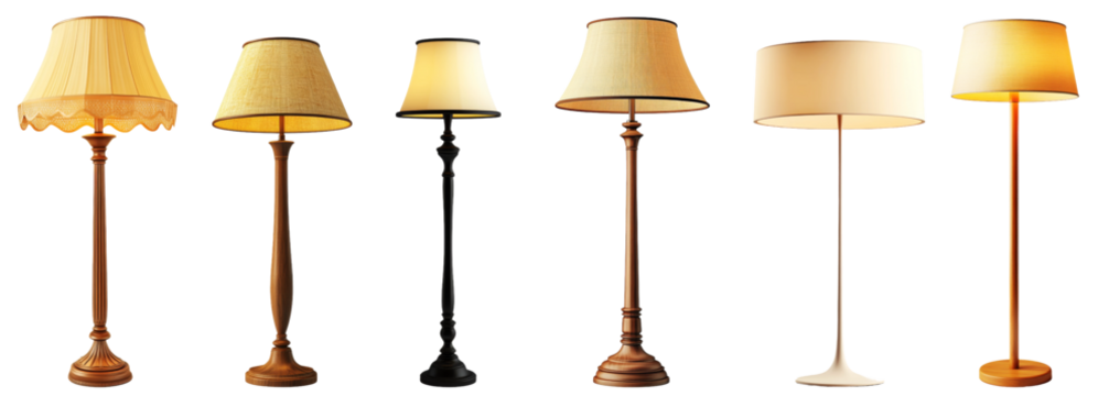 A diverse collection of stylish table and floor lamps showcasing various designs and materials against a transparent background