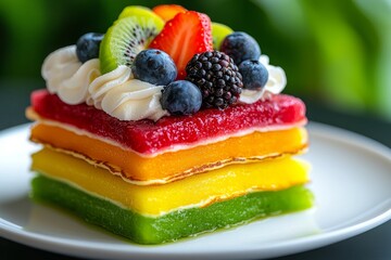 A colorful dessert with layers of red, orange, yellow, and green, topped with whipped cream and fresh berries.