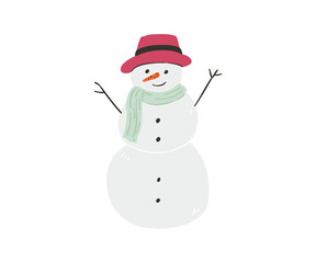 Cute snowman drawn in flat style. Winter, holidays, snow. Hand drawn vector illustration.