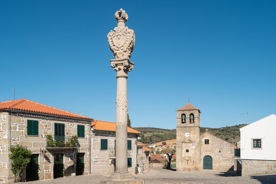 Portuguese Church and bell tower from the 17th century at Freixo do Numao. Council of Vila Nova de Foz Coa. Portugal. Douro Region.
