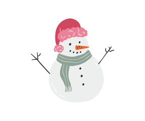Cute snowman drawn in flat style. Winter, holidays, snow. Hand drawn vector illustration.