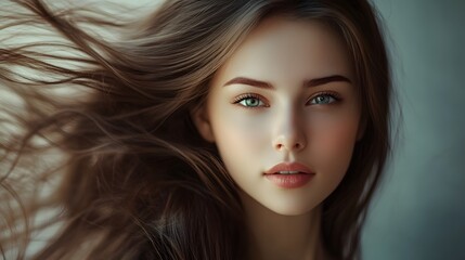 Portrait of a Young Woman with Long Brown Hair and Green Eyes