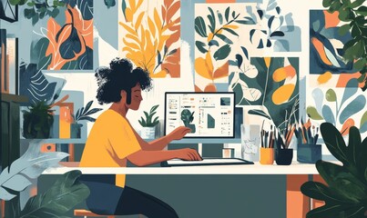 Woman working on computer in a colorful room.