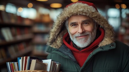 Man wearing a red hoodie and a fur coat is smiling and holding a stack of books