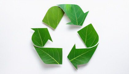 Green leaf textured recycling sign on white background. Top view.