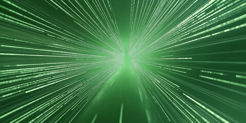 Obraz premium Abstract image featuring green radial light beams emanating from a central point, creating an energetic and futuristic vibe. Ideal for backgrounds and digital concepts.