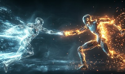 Two metallic figures, one fiery, one icy, clashing.