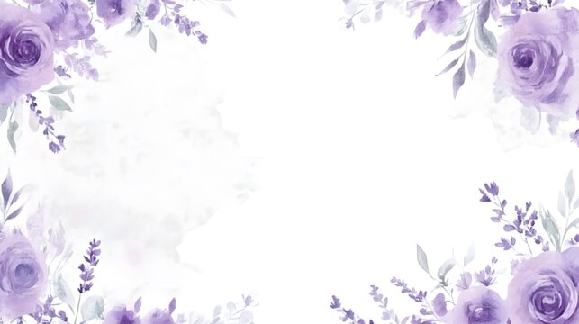 Elegant purple floral watercolor frames with lavender and roses for wedding card template. This botanical design features white space at the center