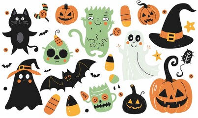 Halloween Illustration with Cute Characters Isolated On White