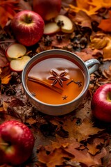 Apple Cider: A top-down view of a mug filled with warm apple cider, garnished with star anise and a floating cinnamon stick.