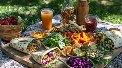 Fototapeta premium Picnic table with fresh food, drinks, and wraps.