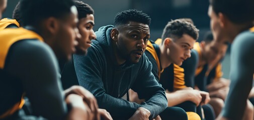 Focused basketball coach motivating his team during a timeout in a gymnasium, showcasing teamwork and determination.