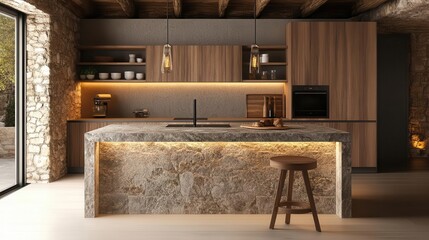 Minimalist kitchen island with natural stone top, wooden cabinets, warm lighting, 3D illustration