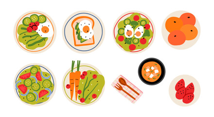 Assorted Healthy Food Plates and Bowls. A collection of nine colorful food items including salads fruits soup and utensils perfect for promoting healthy eating