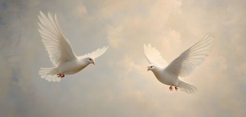 Obraz premium Two graceful white doves soaring through a serene sky, symbolizing peace and freedom in a tranquil atmosphere.
