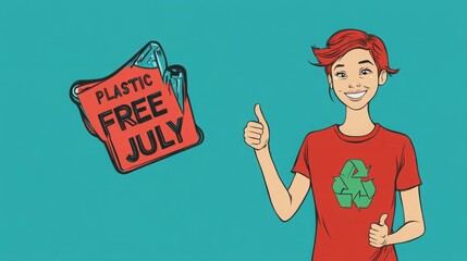 A smiling young woman with red hair gives a thumbs up in support of Plastic Free July, wearing a red t-shirt with a green recycling symbol.